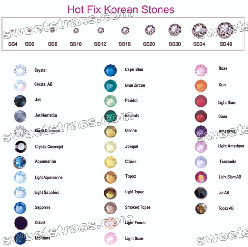 Korean Hot Fix Rhinestone Color Sample Card