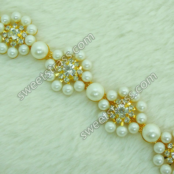Wholesale Gold Rhinestone Pearl Cup Chain Trim For Shoes