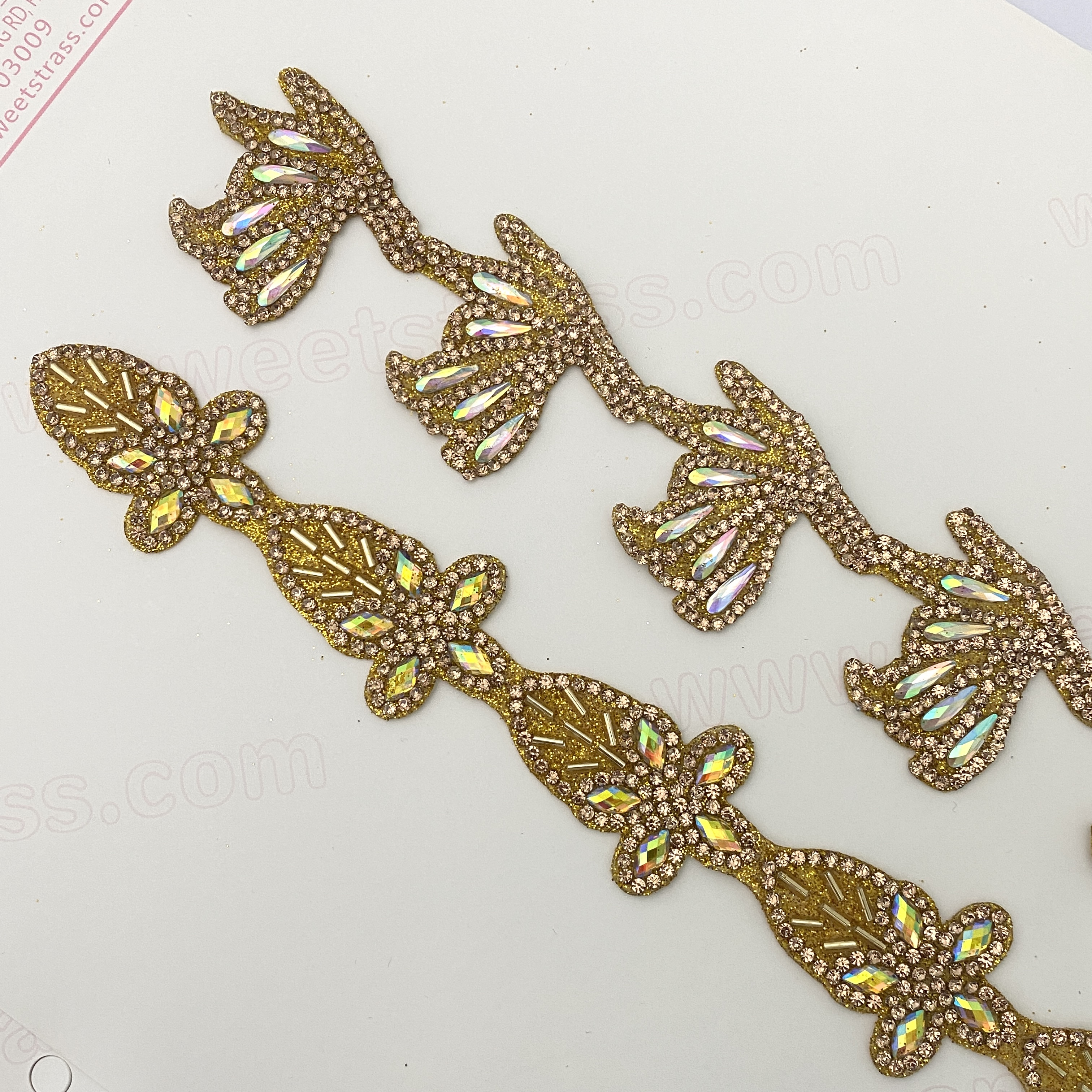 Gold Beads glitter material various design heat transfer customized rhinestone trimming ribbon